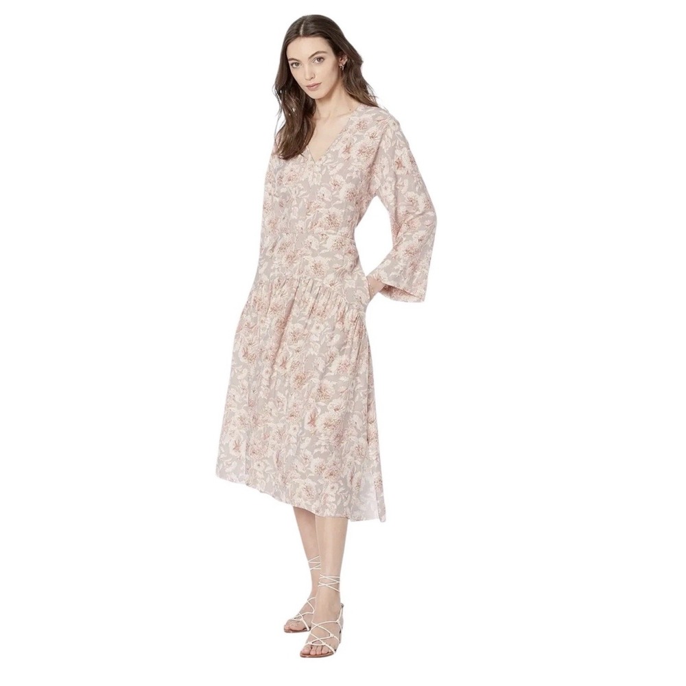 Vince Dahlia Long-Sleeve‎ Double V-Neck Midi Dress Size Medium Floral Pockets